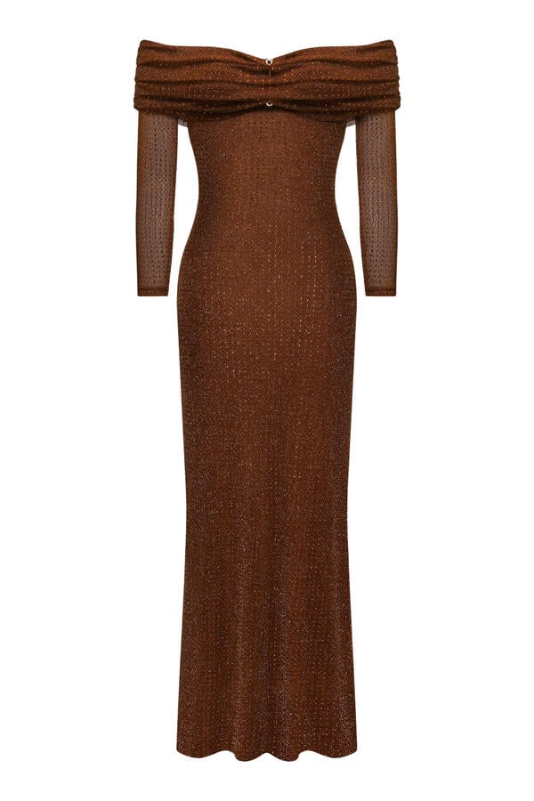 Rhinestone Mesh Off-Shoulder Maxi Dress