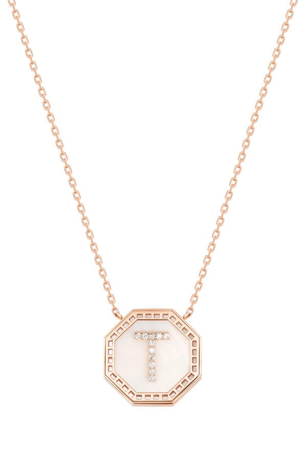 Harf Turath Letter T Necklace, 18K Rose Gold with Mother of Pearl & Diamonds