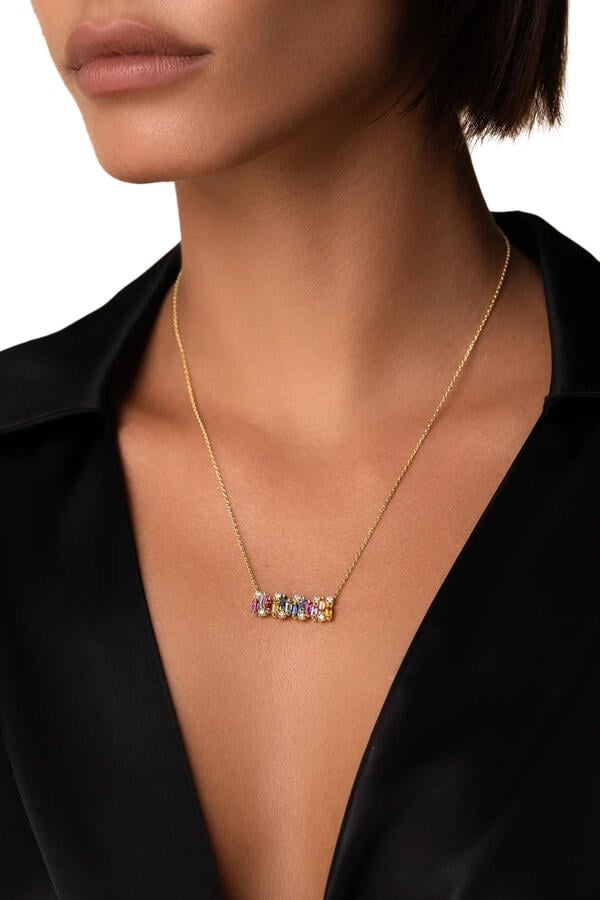 Shimmer Bar Pendant, 18K Yellow Gold with Diamonds & Pastel Sapphire Baguettes