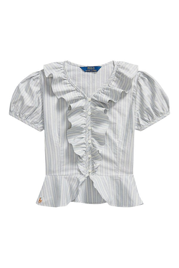 Kids  Striped Ruffled Cotton Oxford Shirt