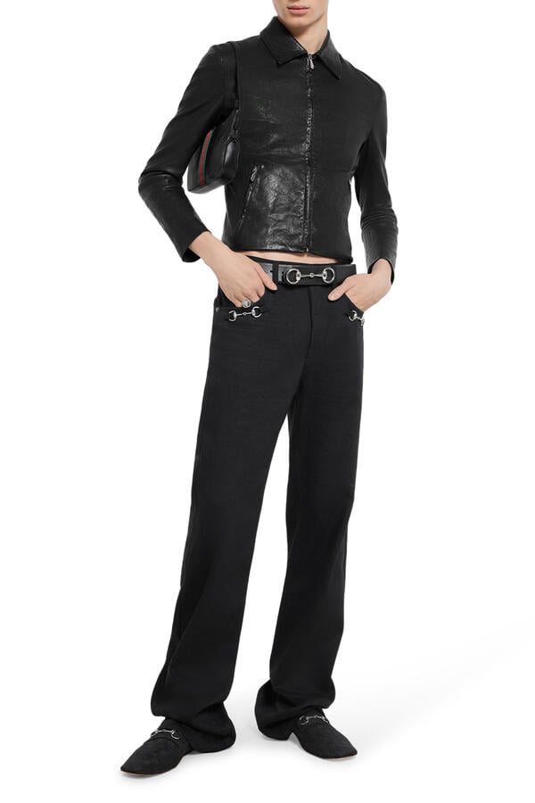 Cotton Denim Pants with Horsebit Detail 
