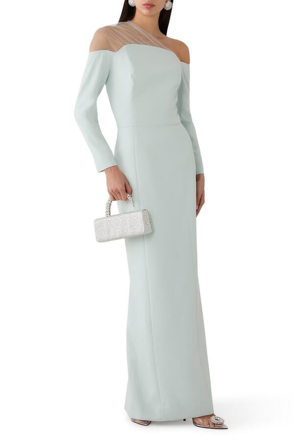 One-Shoulder Crepe Gown With Gathered Tulle