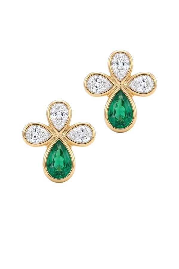 Crown Shield Studs, 18K Yellow Gold with Emerald & Diamonds