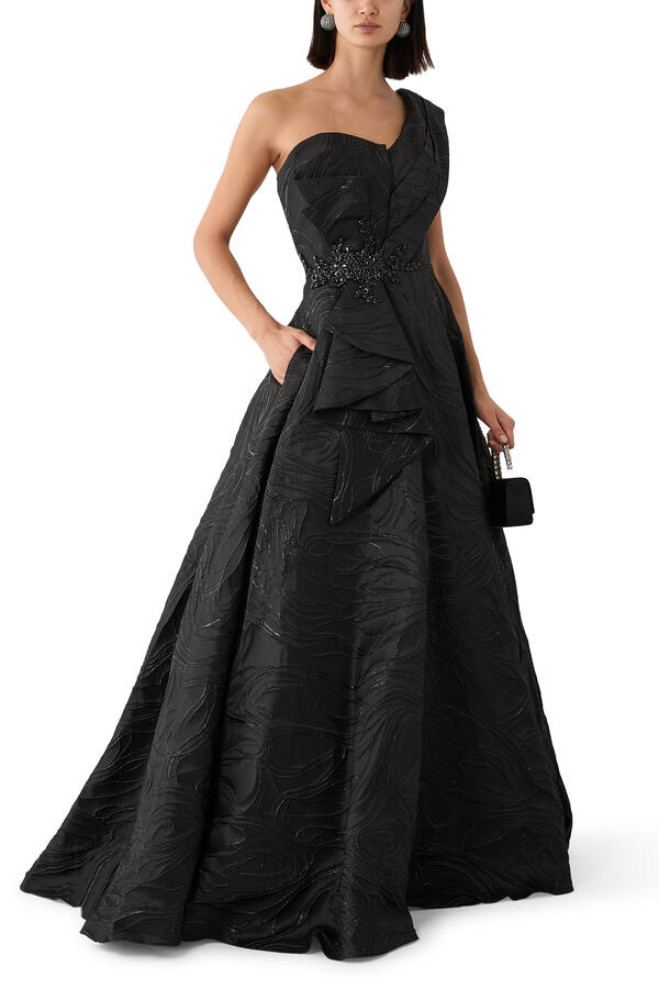 One Shoulder Beaded Waist A Line Gown