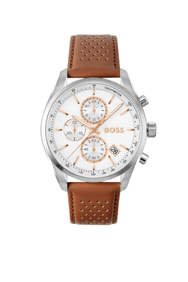 Grand Prix Chronograph Watch with Perforated Leather Strap