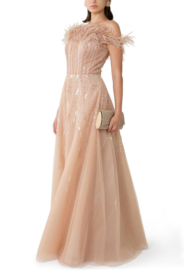 Feather Beaded Ball Gown