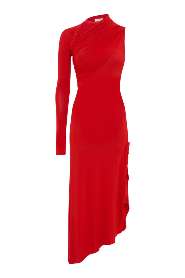 Asymmetrical Crepe Jersey & Plumetis Long Dress