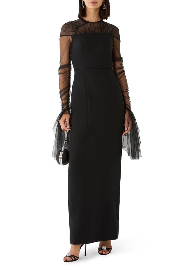 Slim Cut Crepe Gown with Gathered Tulle Illusion Neckline and Sleeve