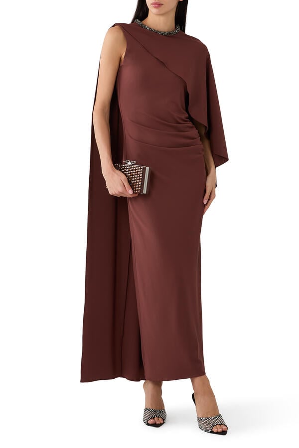 Crystal Neckline Asymetric Column Maxi Dress