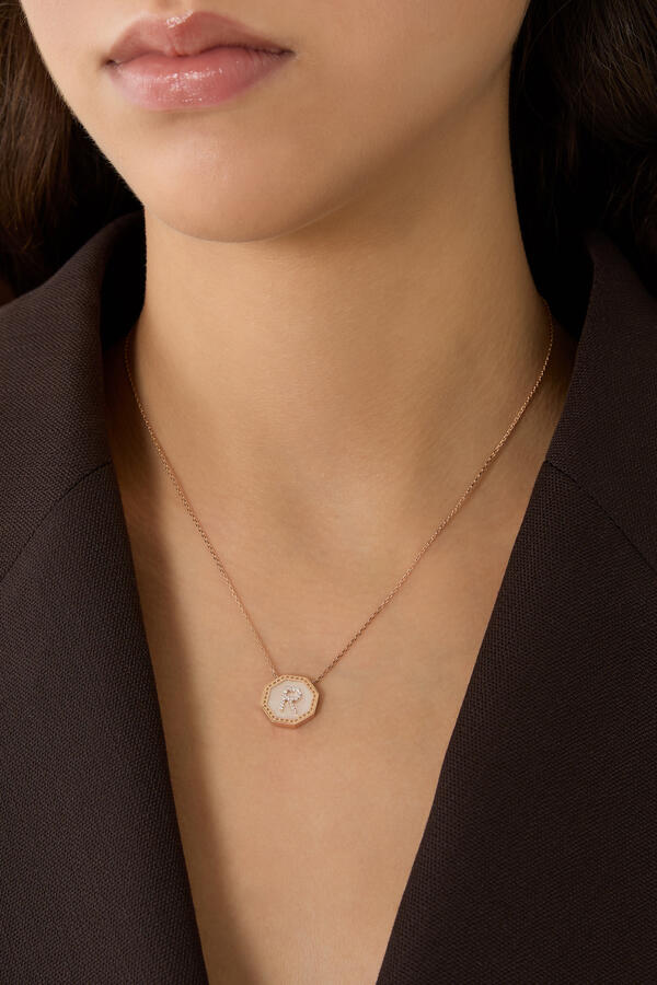 Harf Turath Letter R Necklace, 18k Rose Gold & Diamonds