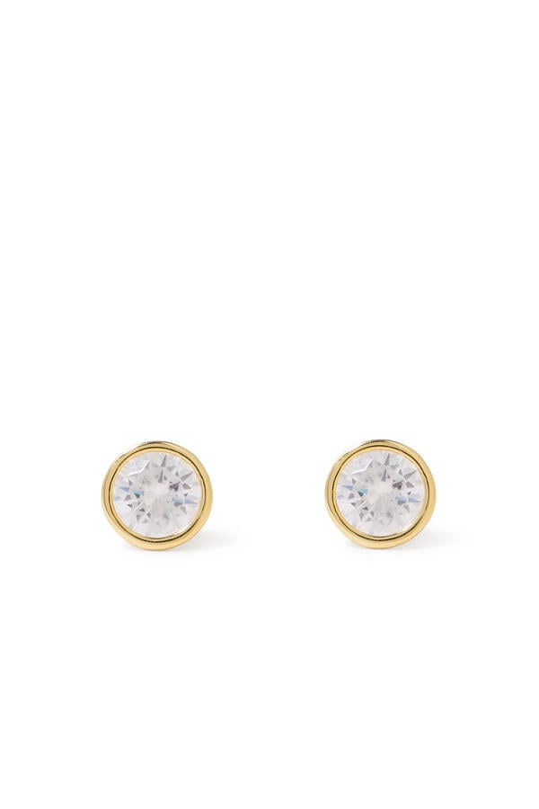 Solitaire Bezel Stud Earrings, 14k Vermeil on Sterling Silve & Cubic Zirconia