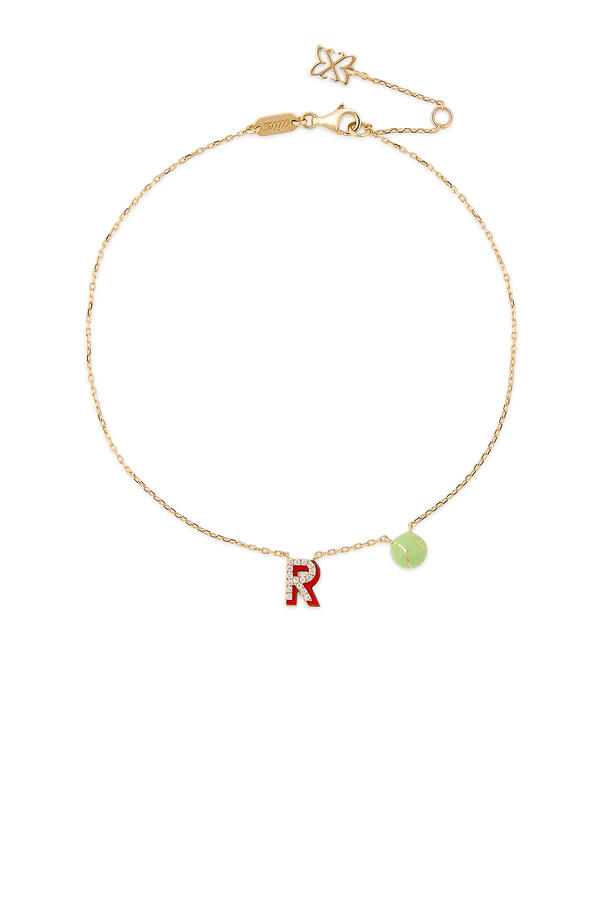 Letter ‘R’ Tennis Anklet, 18k Yellow Gold & Enamel, Diamonds
