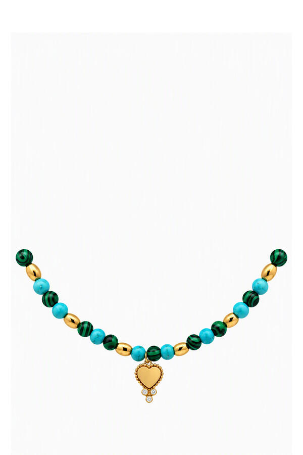 Beaded Trinkel Golden Heart Necklace, 18K Yellow Gold with Emerald & Diamonds