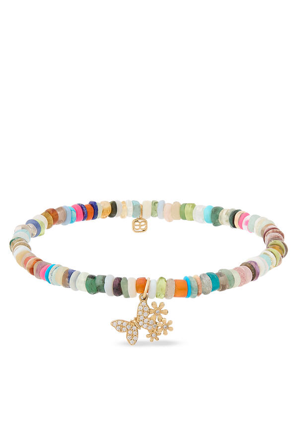 Butterfly Daisy Cluster Charm Rainbow Heishi Bracelet, 14K Yellow Gold, Diamonds & Heishi Beads