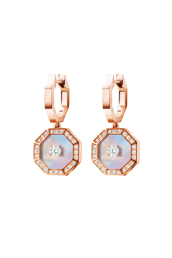Ahjar Birwaz Dangling Hoop Earrings, 18K Rose Gold with Diamonds & Mother of Pearl