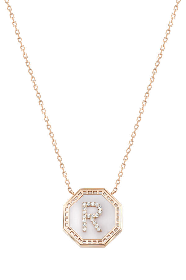 Harf Turath Letter R Necklace, 18k Rose Gold & Diamonds