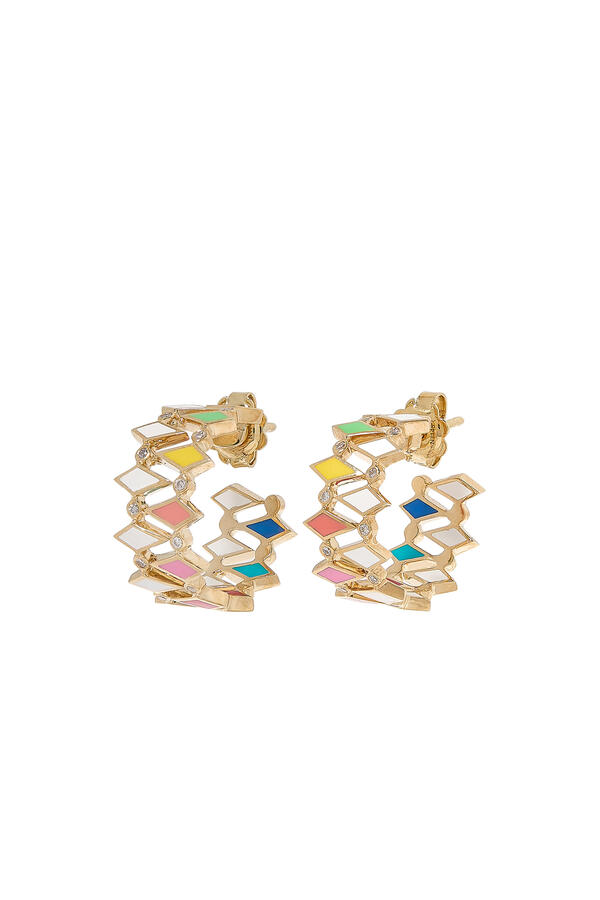 Mosaic Earrings, 18k Yellow Gold & Diamonds, Enamel