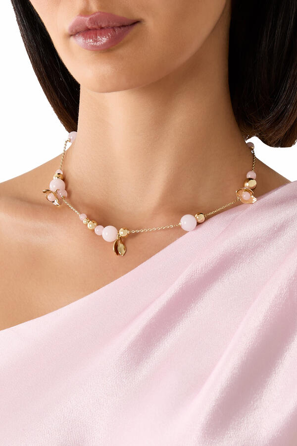 Gilded Garden Necklace, Brass, Nylon Cord & Cubic Zirconia, Glass Stone