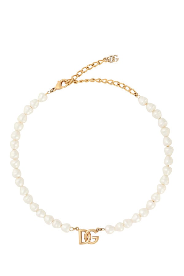 Pearl & DG Logo Link Necklace, Brass & Acrylic Glass