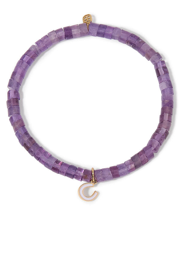 Kids Mini Horseshoe Heishi Beaded Bracelet, 14k Yellow Gold & Enamel, Amethyst Beads
