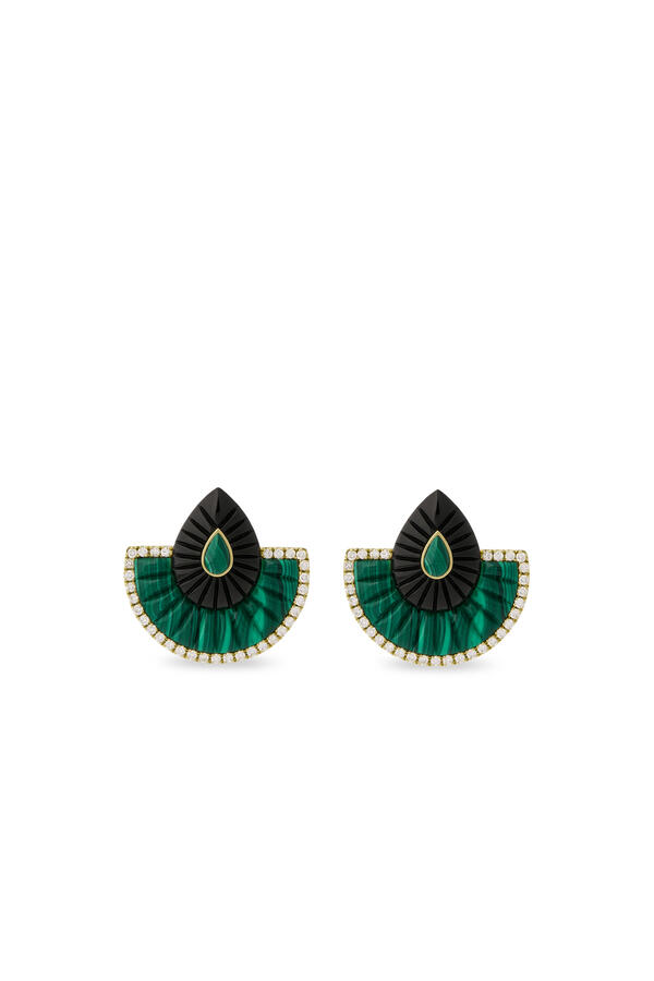 Bond Street Fan Earrings, 18K Yellow Gold with Malachite, Black Onyx & Diamonds