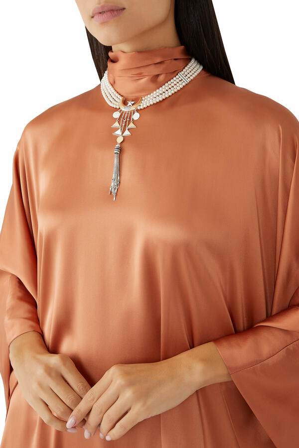 Beaded Crescent Necklace, 18K Gold with Sterling Silver & Pearls