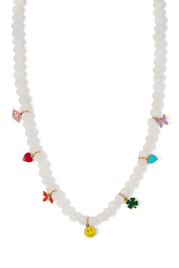Gold & Enamel Tiny Charms Moonstone Necklace, 14K Yellow Gold, Enamel & Moonstone