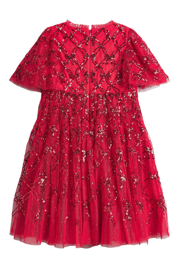 Kids Bow Lattice Short Sleeves Dress