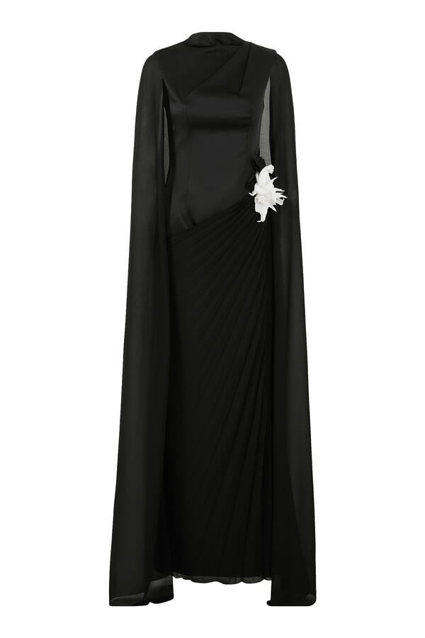 Long Cape Sleeve Gown with Flower Detail