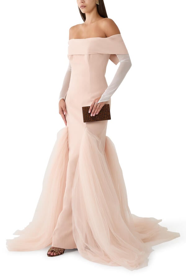 Off-Shoulder Crepe Gown with Tulle Trumpet Skirt