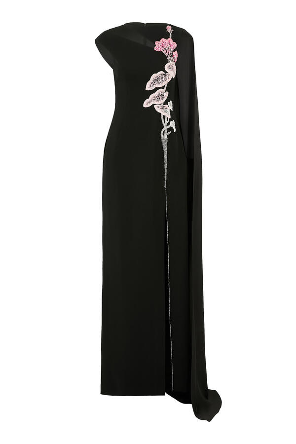 Sleeveless Embroidered Gown with Cape and Cut-Out Detail
