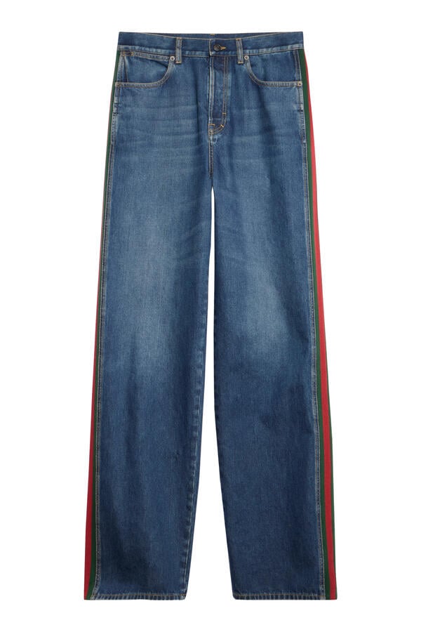 Cotton Denim Pants With Web Insert