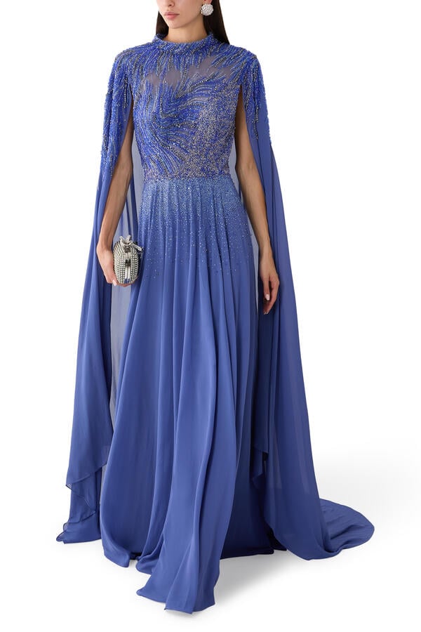 Beaded Cape Sleeves A-Line Dress