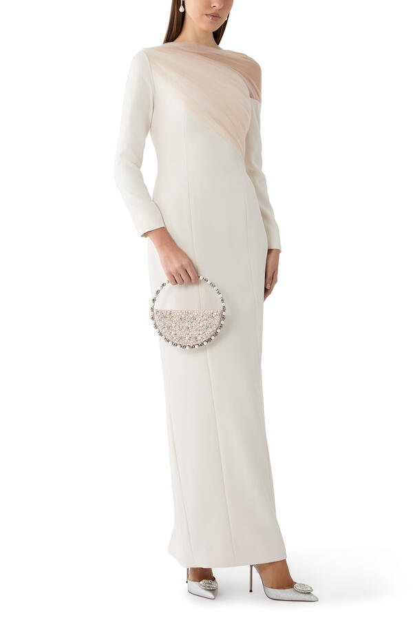 Long Sleeve Crepe Gown With Asymmetrical Tulle Drape 