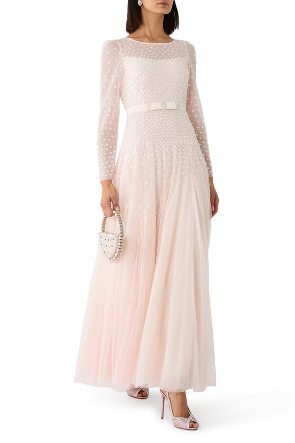 Sequin Cascade Bow Long Sleeves Gown