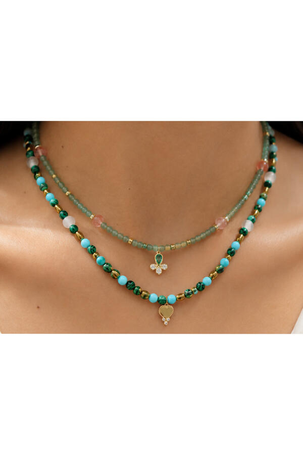 Beaded Trinkel Golden Heart Necklace, 18K Yellow Gold with Emerald & Diamonds