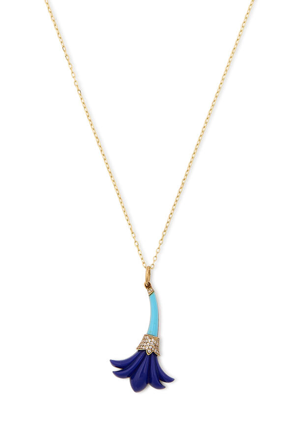 Psychedelia Small Flower Necklace, 18K Yellow Gold with Diamonds, Lapis Lazuili & Turquoise