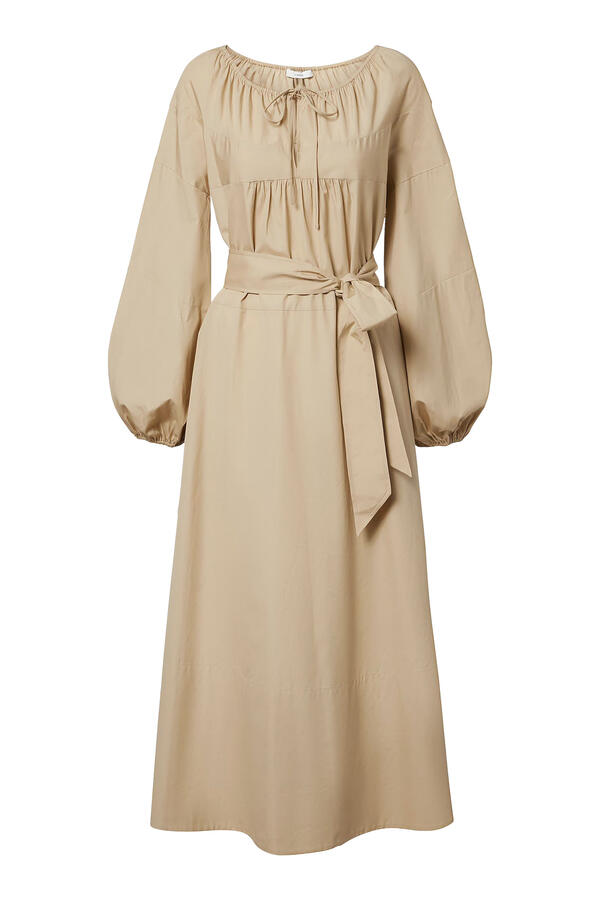 Shirred Cotton Belted Tie-Neck Dress
