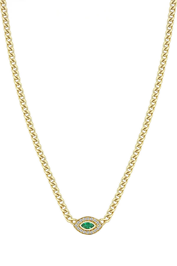 Small Curb Chain Halo Necklace, 14K Yellow Gold, Emerald & Diamonds