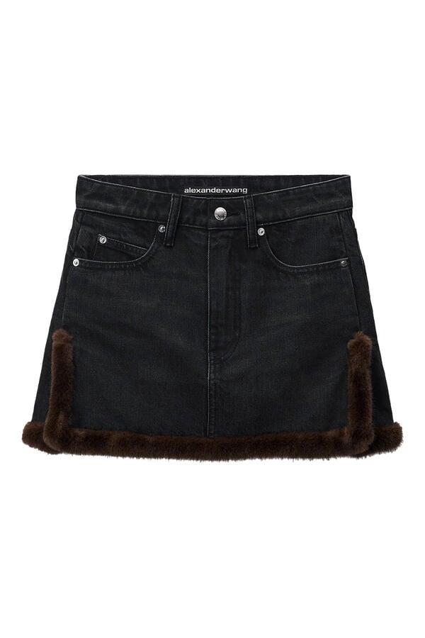 Faux Fur Trim Denim Skirt