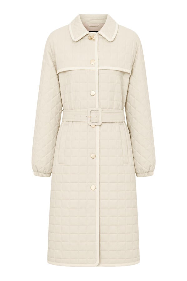  Square Quilted Long Trench with Self Belt