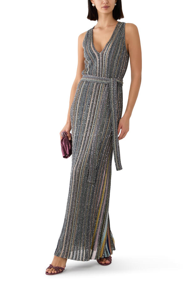 Partialized V-Neck Belted Maxi Dress