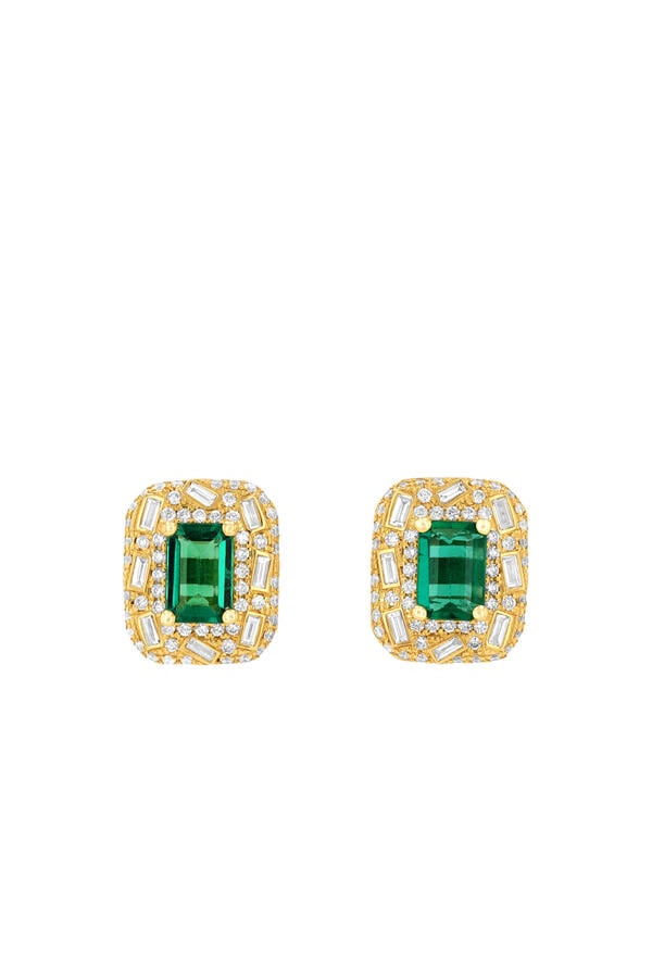  OAK Emerald-Cut Halo Portrait Earrings, 18K Yellow Gold with Emerald & Diamonds