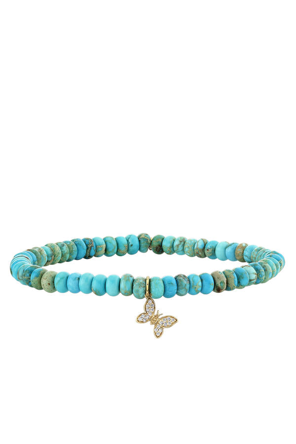 Butterfly Charm Beaded Bracelet, 14K Yellow Gold with Diamonds & Turquoise Beads