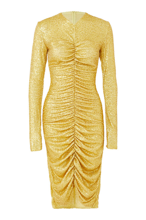 Long Sleeved V-Neck Shirred Front Dress