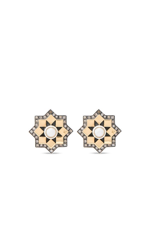 Jashankir Earrings, 18K Yellow Gold with Sterling Silver, Pearl & Diamonds