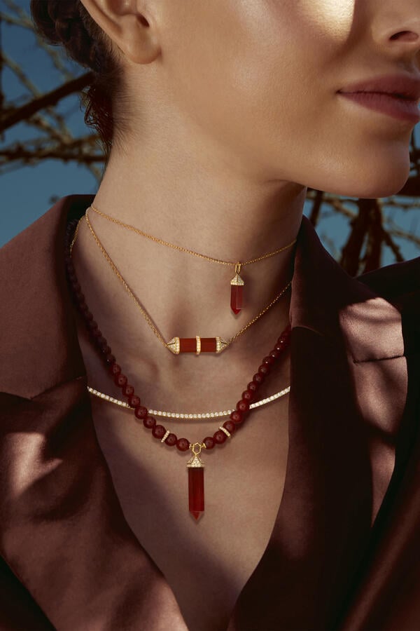  Chakra Necklace, 18K Yellow Gold with Red Carnelian & Diamonds