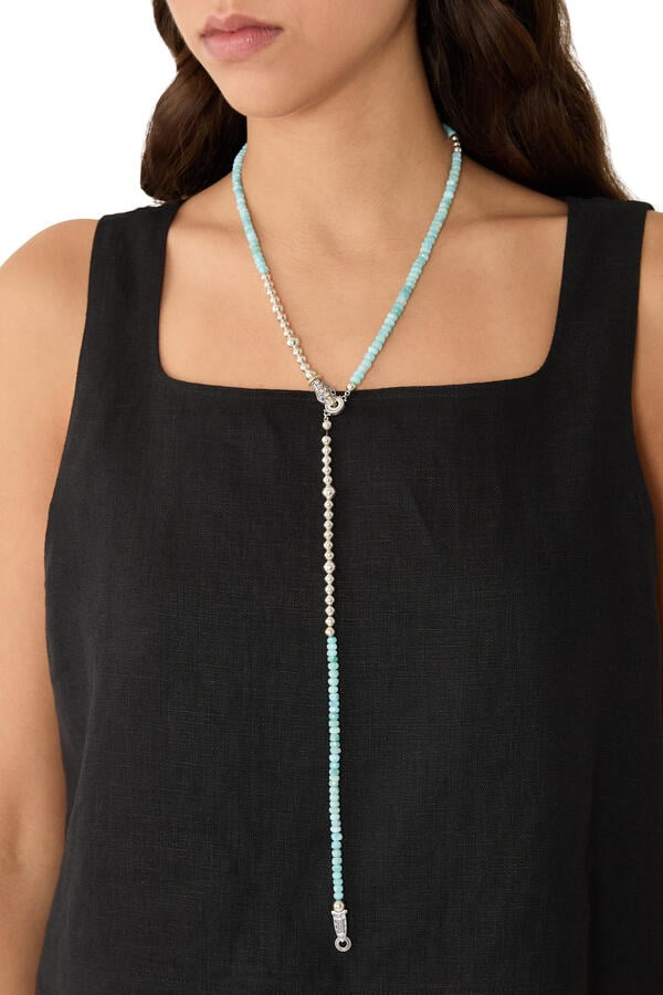 Beaded Snake Necklace, 18K Yellow Gold with Sterling Silver, Diamonds & Lapis-Larimar Beads