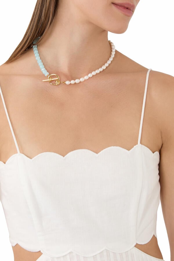 Ropes and Knots Toggle Necklace, Plated Metal & Glass Bead, Freshwater Pearl, Cubic Zirconia