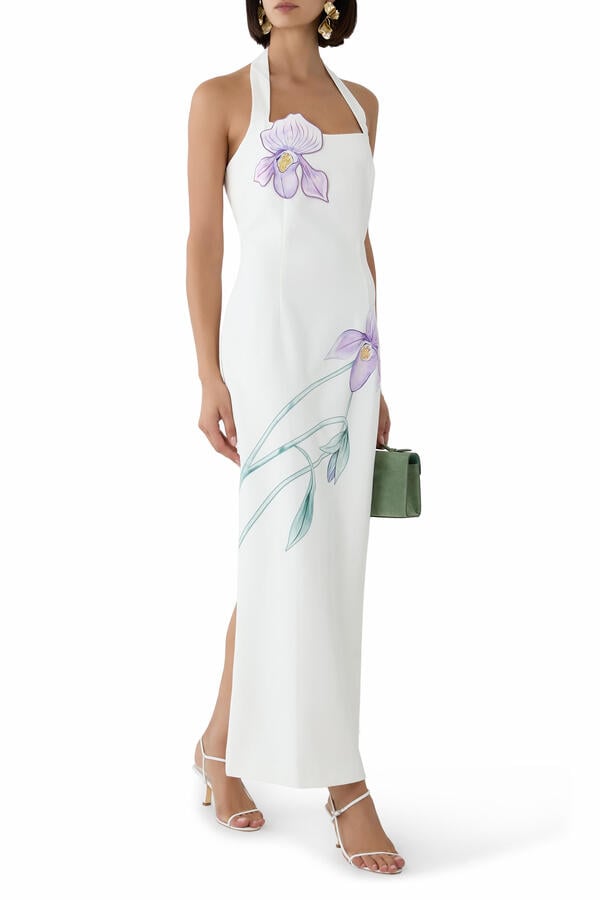 Slipper Orchid Applique Halter Maxi Gown